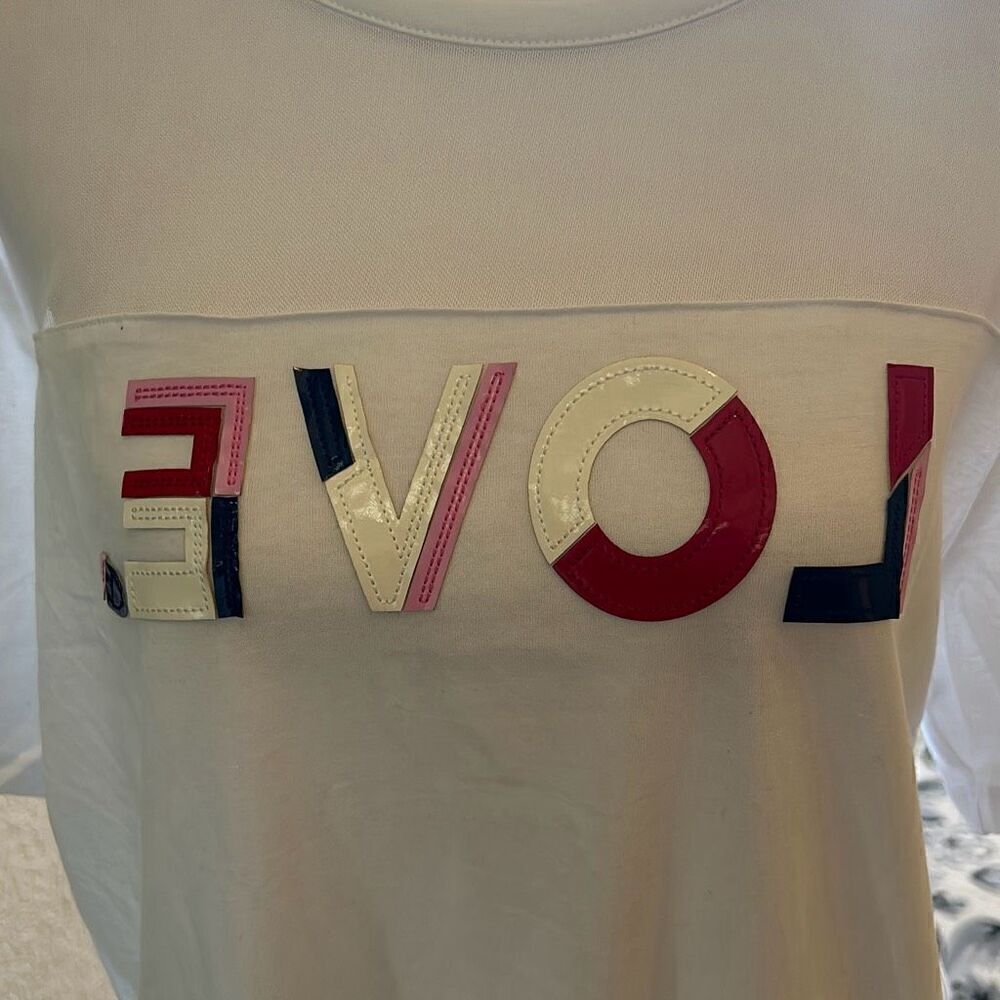 Desigual Women's L Sheer Mesh Love Tee Shirt Faux Leather Graphic Lettering New - Picture 2 of 9